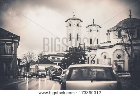 Small Town Traffic Jam And Church
