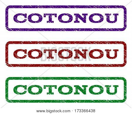 Cotonou watermark stamp. Text tag inside rounded rectangle with grunge design style. Vector variants are indigo blue red green ink colors. Rubber seal stamp with dust texture.