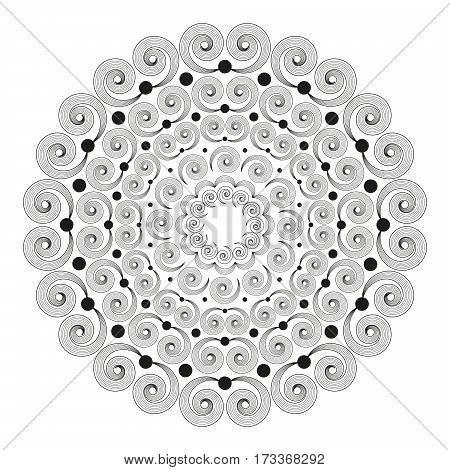 vector black and white round mandala with striped curly spirals - adult coloring book page