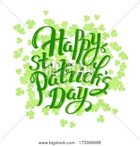Saint Patricks Day Invitation Card Design with Treasure of Leprechaun on Blurred Green Background. Calligraphic Lettering Inscription Happy St Patricks Day.