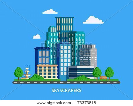 Vector illustration with skyscrapers in flat design. Big green modern city with road and high buildings.Can used for web banner info graphic and brochure.
