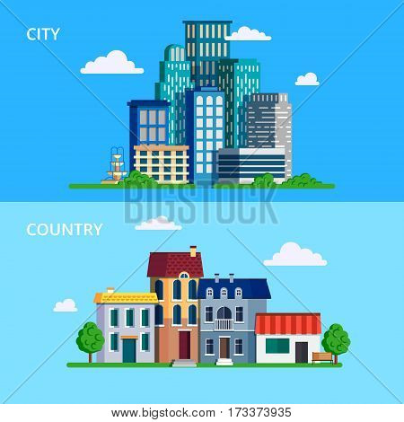 Vector illustration in modern flat style. Big city with skyscrapers and small town or country.