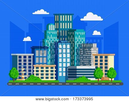 Vector illustration with skyscrapers in flat design. Big green modern city with road and high buildings.Can used for web banner info graphic and brochure.