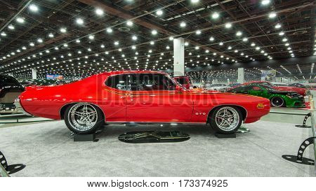 DETROIT MI/USA - February 24 2017: A 1969 Pontiac GTO Judge car interpretation on display at the Detroit Autorama, a showcase of custom and restored cars.