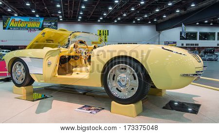 DETROIT, MI/USA - February 25, 2017: A 1957 Chevrolet Corvette restoration, on display at the Detroit Autorama, a showcase of custom and restored cars.