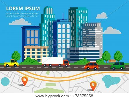 Colorful background with city skyline traffic jam and city map. Top view city map with cars truck and navigation pin for web banners info graphic and brochure. Vector illustration