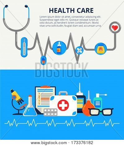 Health care concept in modern flat design. Two horizontal web banners with a lot of medical icons. Vector illustration health monitoring elements can used for web and info graphic