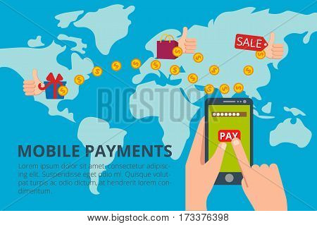 Hands tapping smart phone with banking payment app. Modern flat style concept vector illustration with big world map for web banners and info graphic.