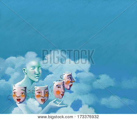 around a female figure that mingles with clouds turn 4 masks a child a teenager a woman an elderly