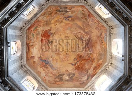 ROME, ITALY - SEPTEMBER 02: The fresco Our Lady in Glory by Raffaele Vanni in cupola of Church of Santa Maria del Popolo, Rome, Italy on September 02, 2016.