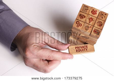 Business, Technology, Internet And Network Concept. Young Businessman Shows The Word: Private Equity