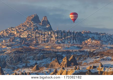Cappadocia, Turkey - January, 20th, 2017 - hotfire balloons festival winter morning cappadocia turkey