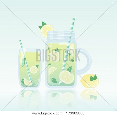 Fresh homemade lemonade vector illustration. Transparent mason jar and glass of lemonade with lemon slices, mint and striped straw.