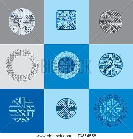 Set Of Vector Technology Cpu Designs With Square And Circular Blue Microprocessor Schemes. Computer