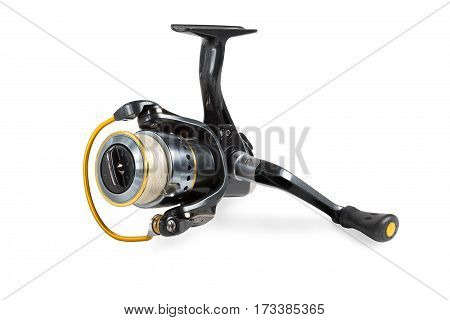 Fishing reel with tread isolated on white background.