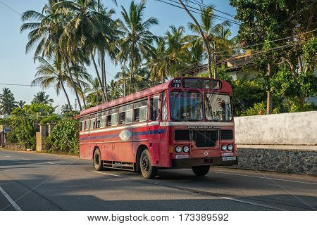 Mirissa, Sri Lanka - January 11, 2017: Regular Public Bus. Buses Are The Most Widespread Public Tran