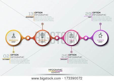 Infographic design template with timeline and 4 connected circular elements, monthly companys achievements concept, business planning and development steps. Vector illustration for presentation, ad.