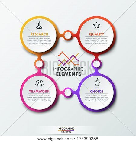 Infographic design template with 4 connected circular elements, steps to success and project management business concept, research, teamwork. choice, quality. Vector illustration for website, ad.