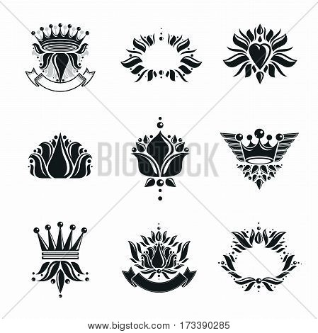 Royal symbols Flowers floral and crowns emblems set. Heraldic vector design elements collection. Retro style label heraldry logo.