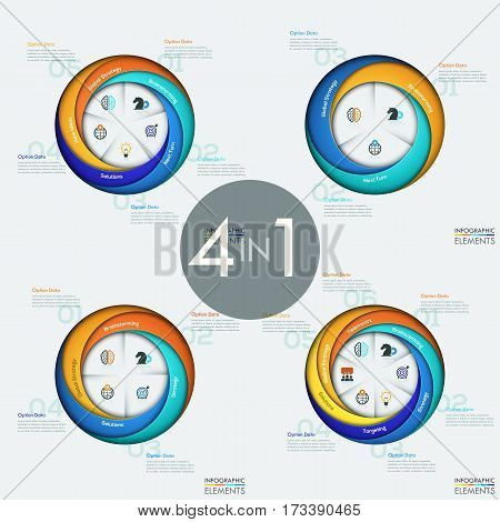 Set of 4 modern circular infographic design templates with sectors, strategic business elements, steps to success. Project management and planning concept. Vector illustration for website, report, ad.