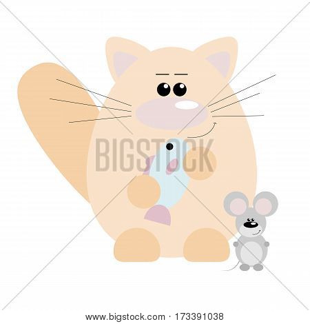 Funny cartoon happy cat and his mouse friend