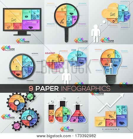 Set of 9 paper infographic design templates in shape of speech and thought bubbles, magnifier, computer screen, watch, light bulb, flasks. Business concepts. Vector illustration for poster, report.