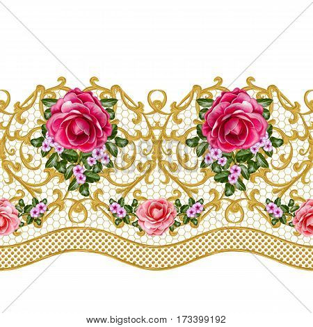 Seamless pattern. Golden textured curls. Oriental style arabesques. Openwork weaving delicate lace golden background. Flower arrangement of pink roses and white flowers.