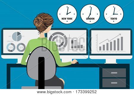Business Woman At The Office, Flat Design