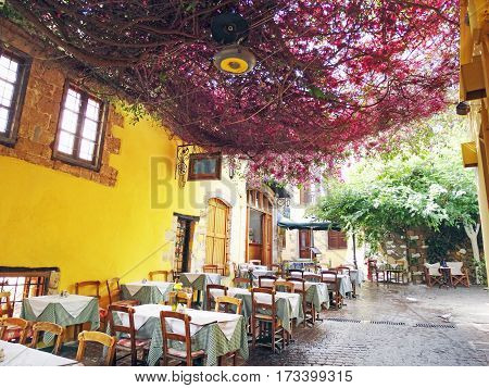 door architecture detail in house building with bougainvillea Greece
