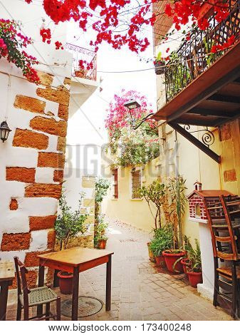 door architecture detail in house building with bougainvillea Greece