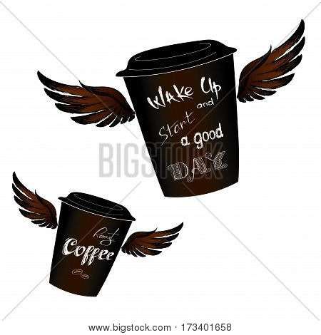 Coffee to go with wings, Wake up -  lettering, isolated on white background, stock vector illustration