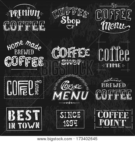 Set Of Vintage Retro Coffee Labels On Chalkboard . Coffee decoration collection , stock vector illustration