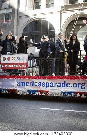 NEW YORK - 11 NOV 2016: Americas Parade float, produced by the United War Veterans Council UWVC for the parade up 5th Avenue on Veterans Day in Manhattan.