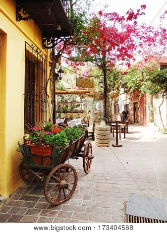 door architecture detail in house building with bougainvillea Greece