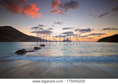 Sunset at Aegiali beach on Amorgos island.