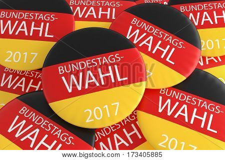 German Election Concept: Pile of Bundestag Election 2017 Buttons In German Language With Germany Flag 3d illustration