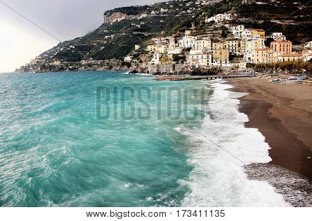 Amalfi beach on the Mediterrean sea in Italy