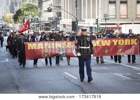 NEW YORK - 11 NOV 2016: US Marine Corps, USMC march in Americas Parade up 5th Avenue on Veterans Day in Manhattan.