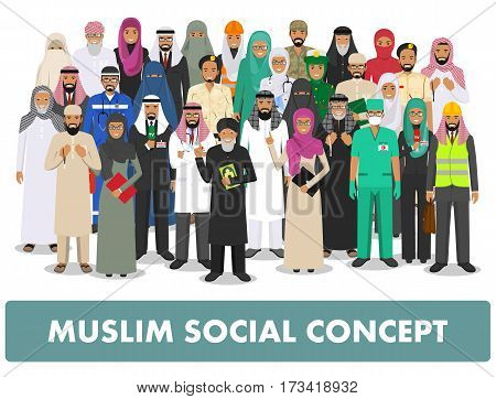 Arab man and woman different professions standing together on white background in flat style. Flat design people characters. Social concept. Muslim concept.