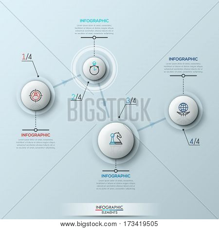 Modern infographic design template, 4 circular elements with text boxes connected by arrows. Project completion progress, business development process concept. Vector illustration for website, ad.