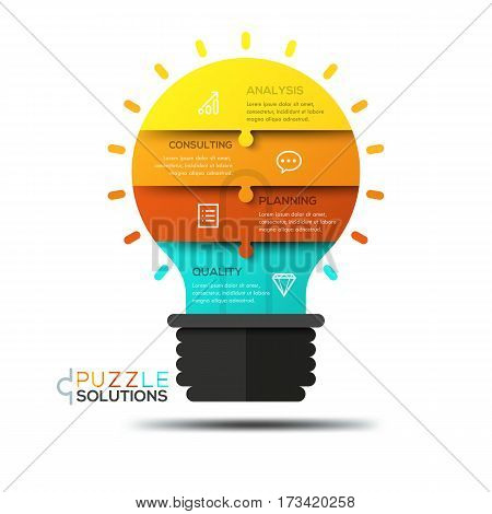 Infographic design template, jigsaw puzzle in shape of glowing light bulb divided into 4 pieces. Elements of creative process, brainstorming, idea creation concept. Vector illustration for poster, ad.