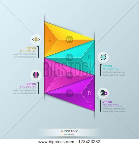Infographic design template, diagram with 4 multicolored triangular elements and text boxes. Percentage of company income visualization. Vector illustration for corporate report, presentation, ad.