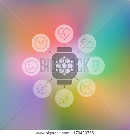 Decoration vector illustration concept flat smart watch with set flat round icons for mobile apps and for stores and for web design