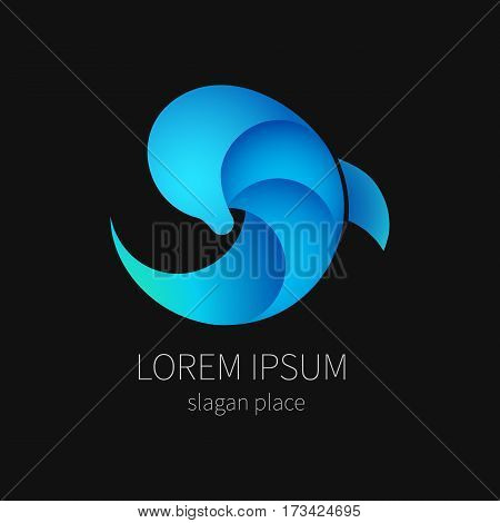 Blue dolphin on black background for company and business. Marine animal.