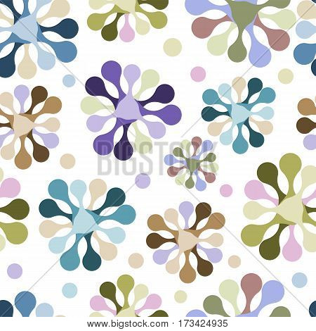 Vector seamless pattern of flowers of unusual pastel colours. Cartoon chemical compounds. Illustration of bacteria or simple-celled.