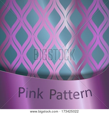 Vector pink silk seamless ornament on a blue background with a pink ribbon.Traditional classical ornament