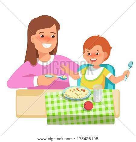 Vector illustration of happy mother feeding her child in flat style on white background. Meal in a kindergarten or home. Concept complementary food