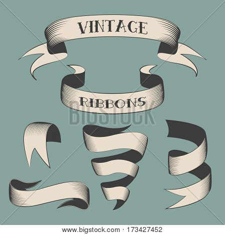 Isolated set thin line ribbons in old style. Lineart vector illustration
