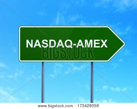 Stock market indexes concept: NASDAQ-AMEX on green road highway sign, clear blue sky background, 3D rendering