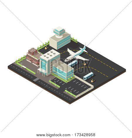 Isometric airport exterior concept with terminal control tower cafe buildings vehicles parking zone runway trees vector illustration